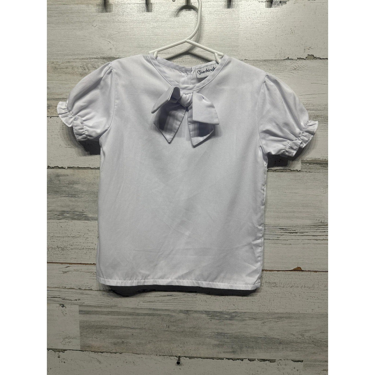 Smockingbird Blouse Girls Size 5 White Bow Puff Sleeve Button Back EUC0