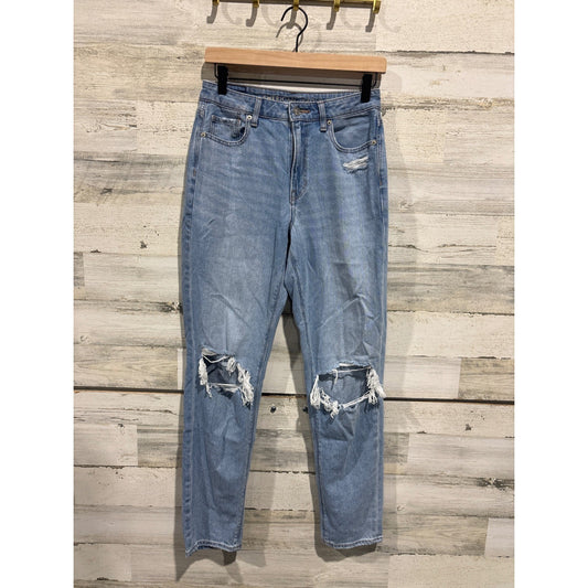 American Eagle Mom Jeans Women Size 4 Long Blue Distressed High Rise Denim0