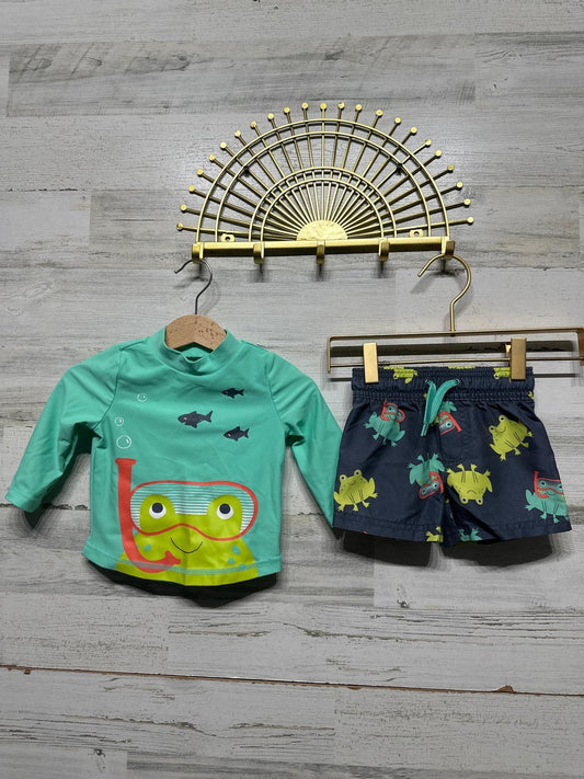 Simple Joys Swim Set Boys 3-6M Green Frog Rash Guard Trunks EUC0