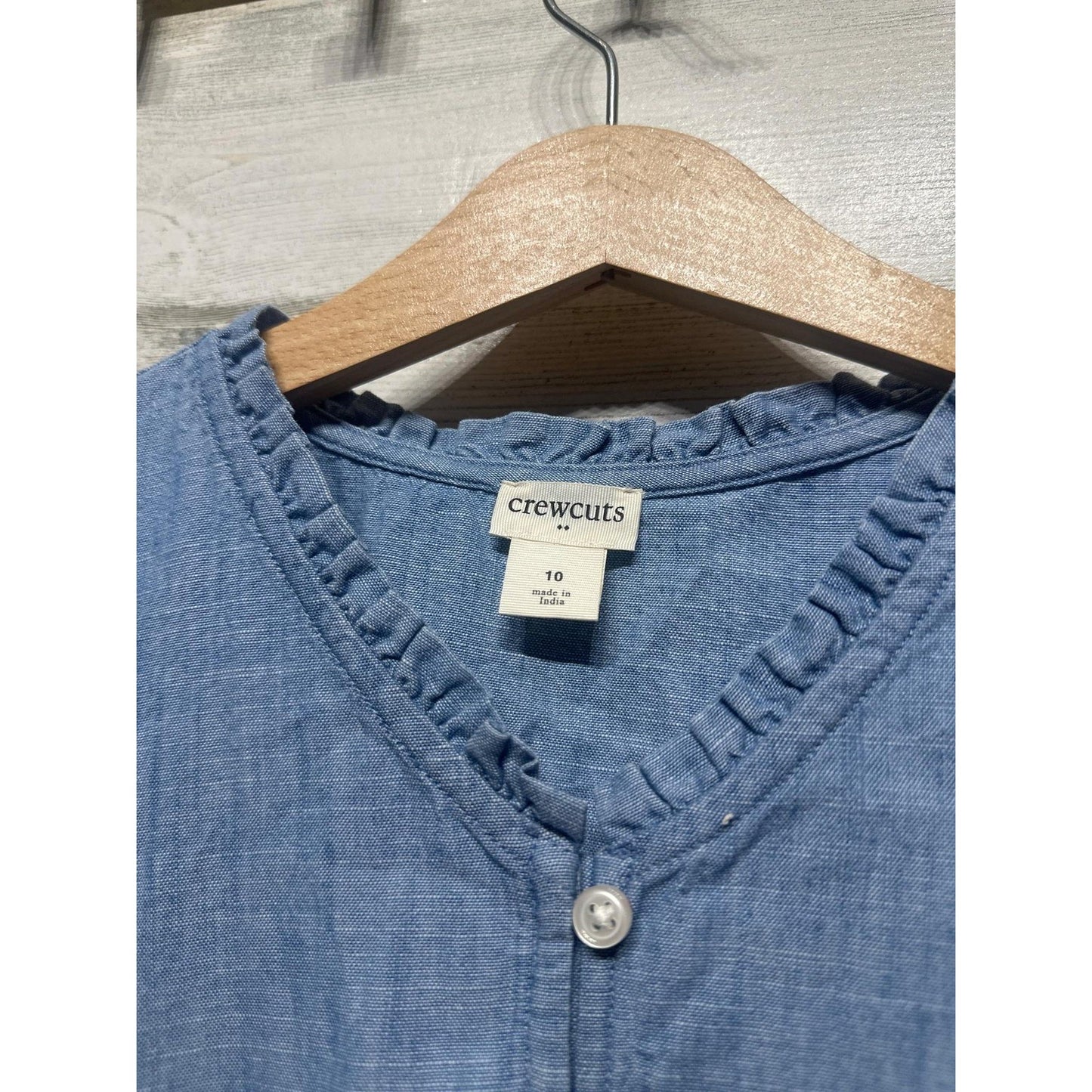 Crewcuts Chambray Dress Girls 10 Blue Tiered Ruffle V-Neck Long Sleeve EUC1