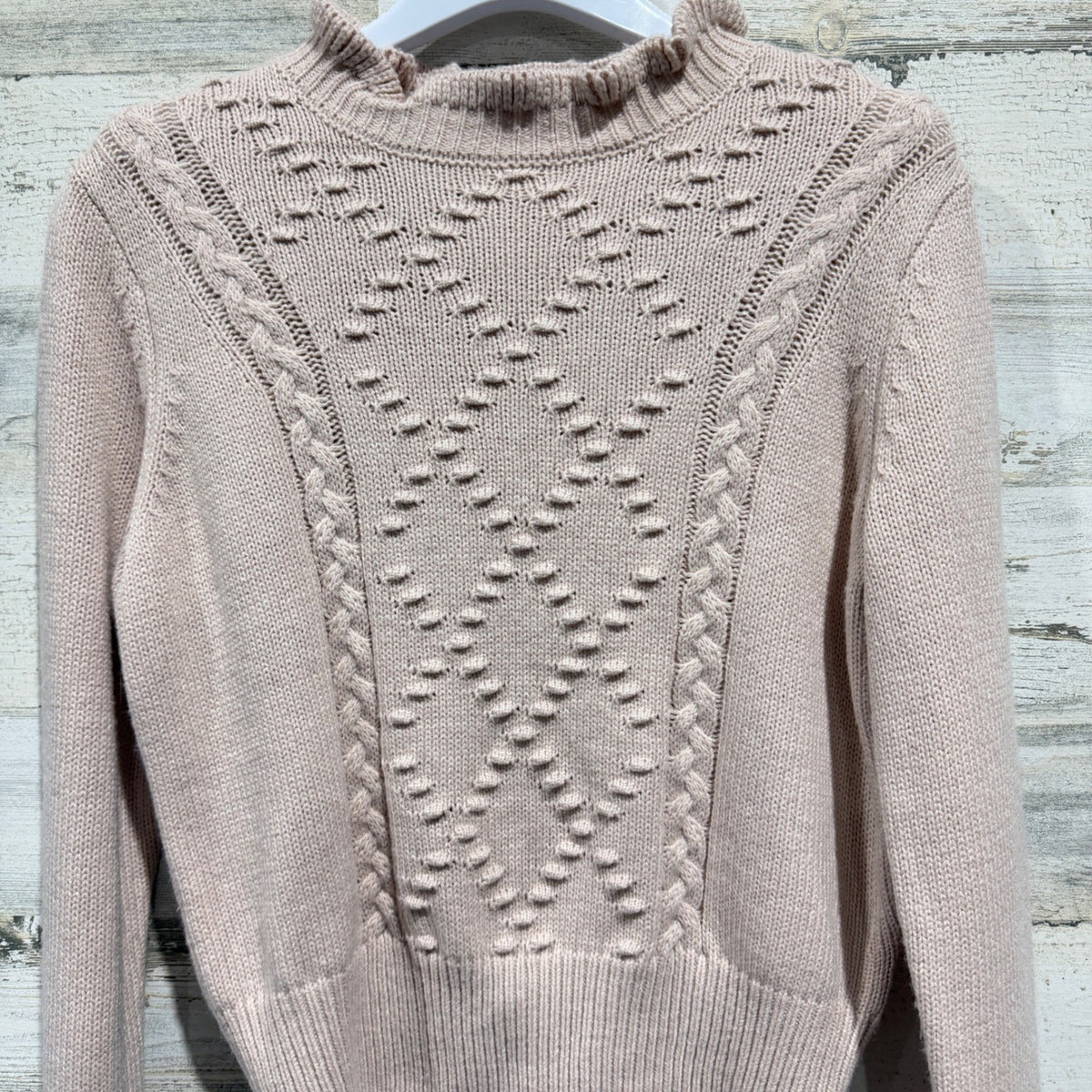 GB Sweater Women S Pink Ruffle Neck Cable Bobble Knit Coquette EUC1