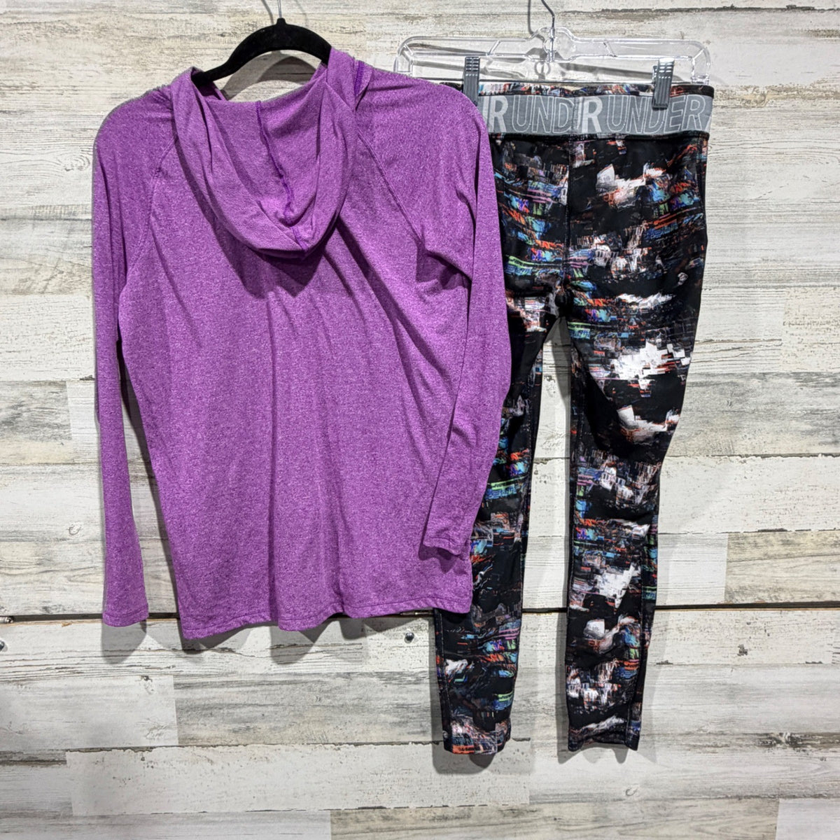 Under Armour HeatGear Hoodie Leggings Set Girls XL Purple Multi Print Athletic6
