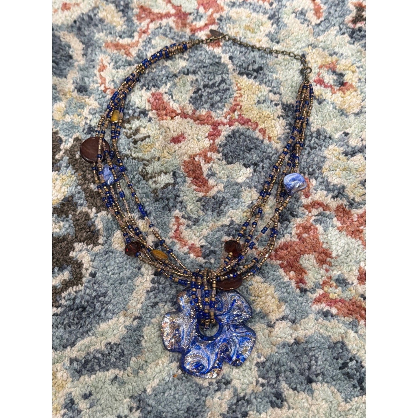 Beaded Necklace Women Blue Gold Flower Glass Boho0