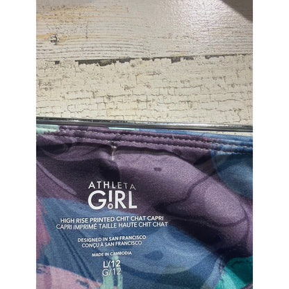 Athleta Girl Chit Chat Capri Girls L 12 Purple Abstract Athletic Yoga EUC2