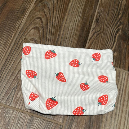 Makeup Bag Women White Strawberry Corduroy Pouch NEW0