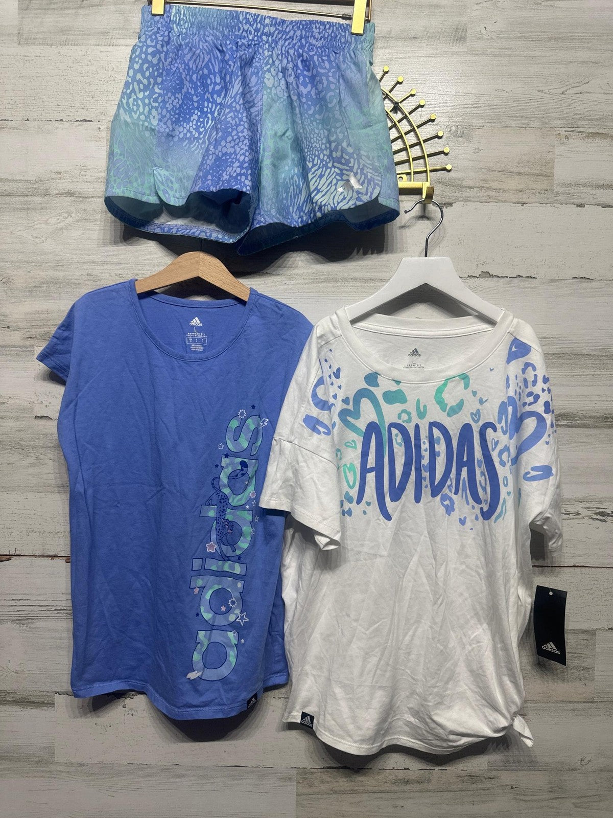 Adidas 3pc Outfit Set Girls Size L Blue Purple Leopard Print EUC & NWT0