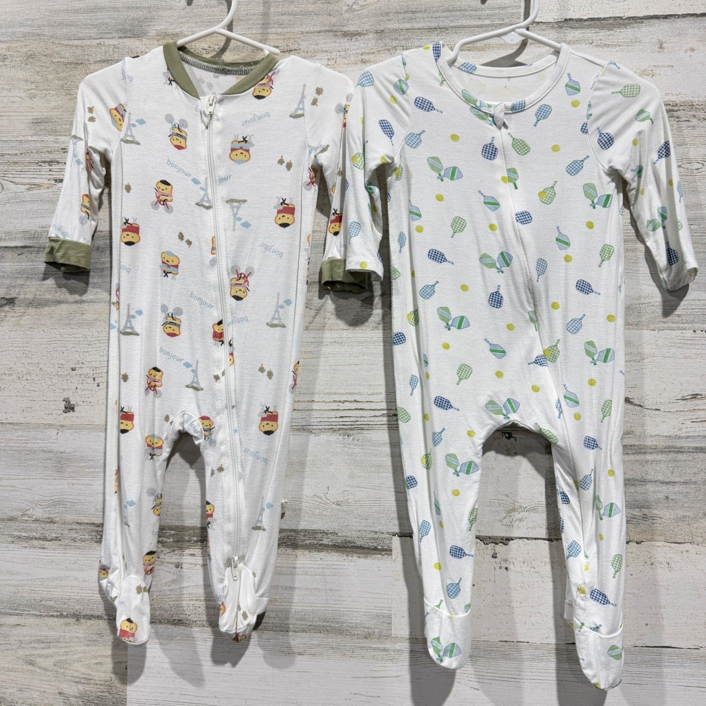 Milkberry Footed Sleepers Kids 3-6M White Paris Pickleball Bamboo Pajamas GUC*0