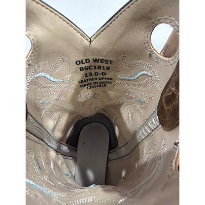 Old West Cowboy Boots Boys Size 13 D Brown Leather Western Square Toe GUC7