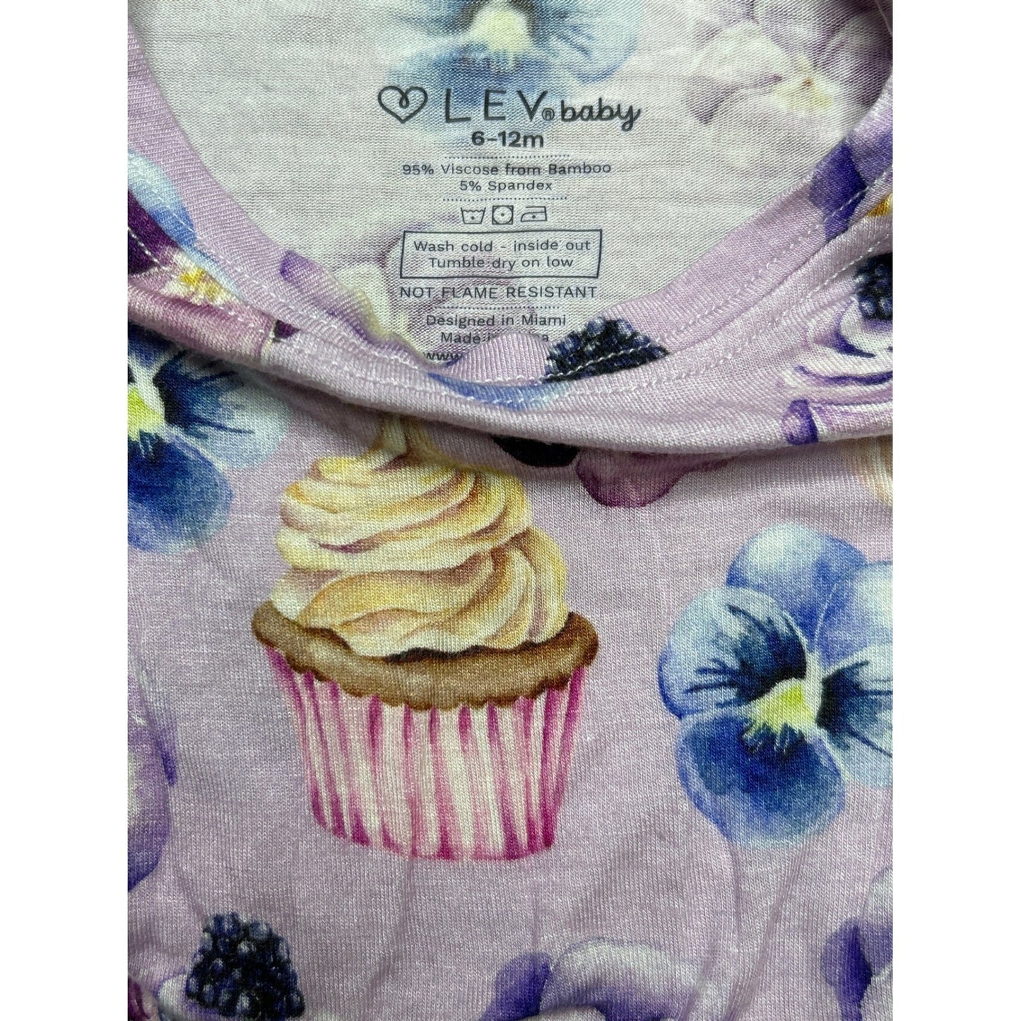 Lev Baby Pajama Set Baby Girl 6-12M Purple Cupcake Floral Bamboo EUC1