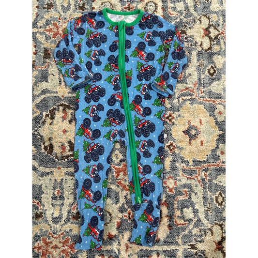 Little Snuggles Footie Pajamas Boys 2T Blue Monster Truck Christmas GUC0
