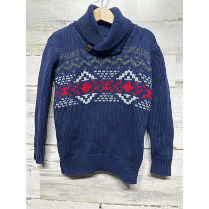 Gap Sweater Kids XS 4-5 Navy Blue Fair Isle Shawl Neck Button Pullover EUC0