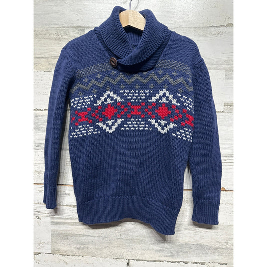 Gap Sweater Kids XS 4-5 Navy Blue Fair Isle Shawl Neck Button Pullover EUC0