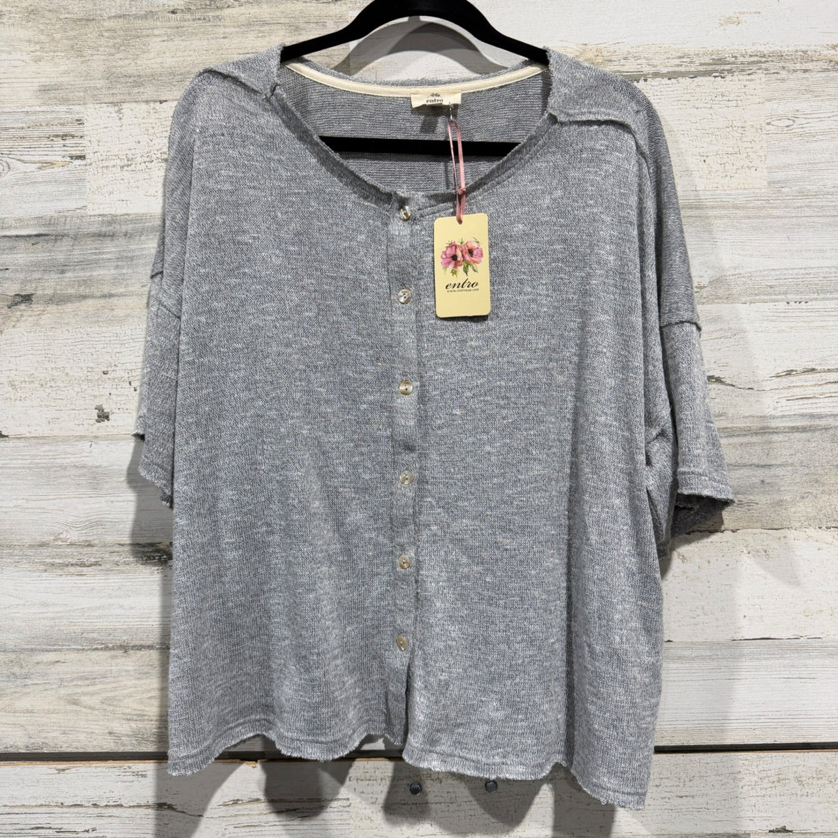 Entro Button Front Knit Top Women Large Gray Rayon Blend Boho NWT0