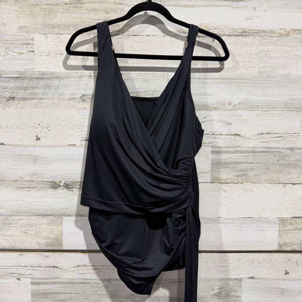 Lands' End Surplice Wrap Tankini Top Women 18W Black Nylon Spandex Classic EUC0