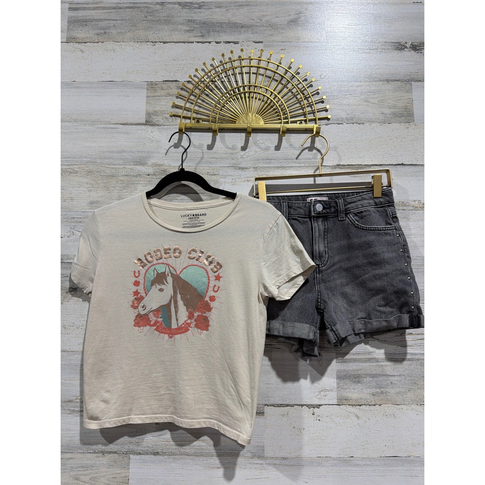Lucky Brand SO Shirt Shorts Set Girls 12/14 Cream Black Horse Rodeo Club EUC0