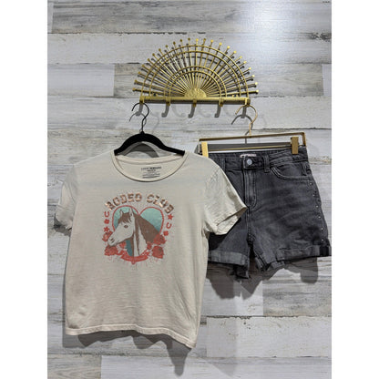 Lucky Brand SO Shirt Shorts Set Girls 12/14 Cream Black Horse Rodeo Club EUC0
