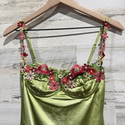 Princess Polly Mini Dress Womens 2 Green Floral Embroidery Satin Fairycore1