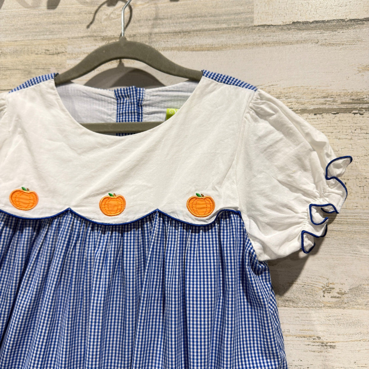 Classic Whimsy Dress Girls 10 Blue Gingham Pumpkin Embroidered Fall EUC1