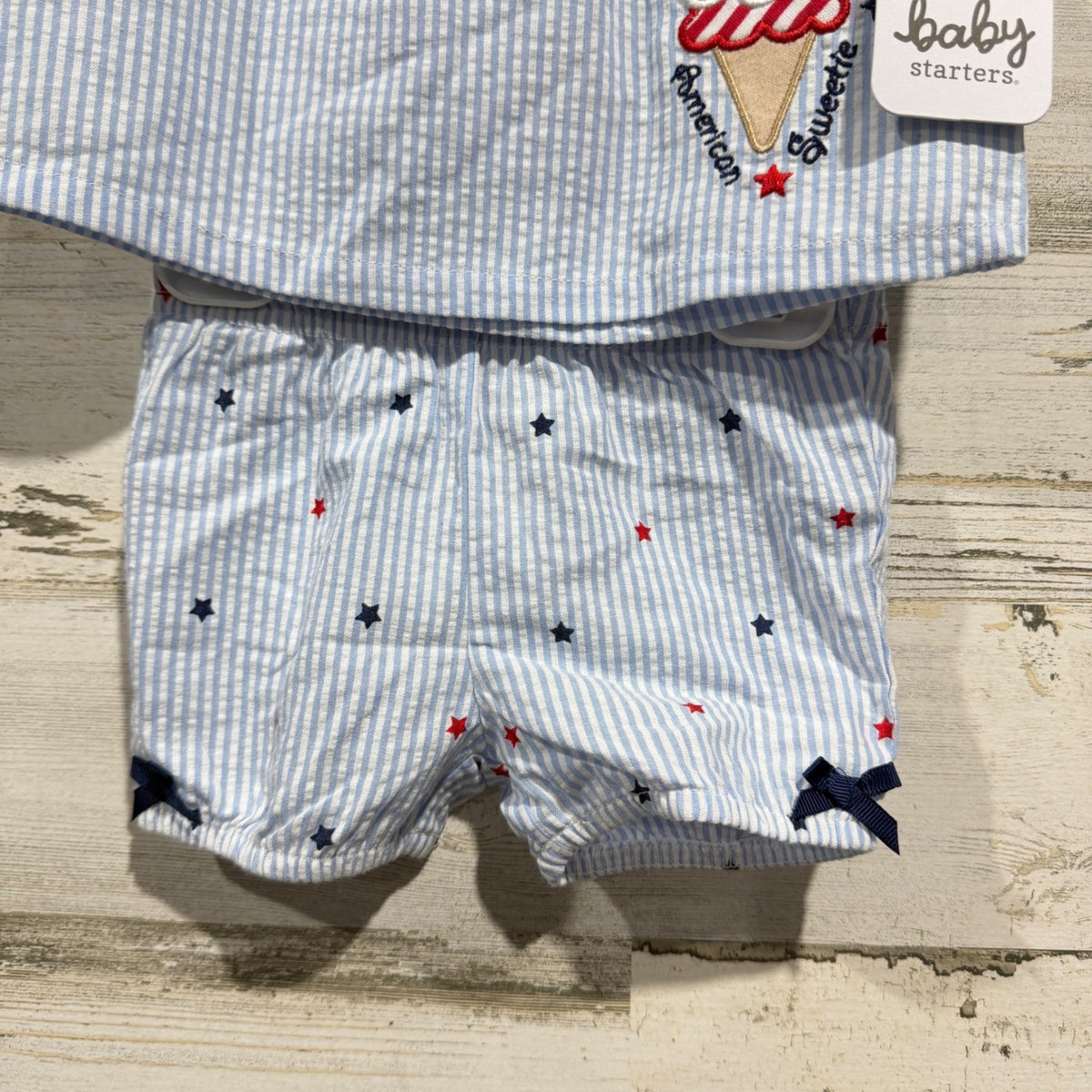 Baby Starters Shorts Set Girls 3M Blue Seersucker Ice Cream Americana NWT2