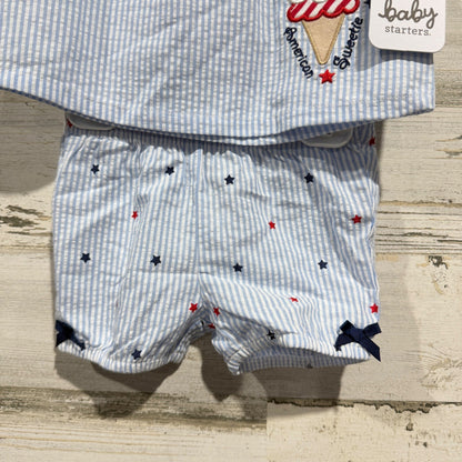 Baby Starters Shorts Set Girls 3M Blue Seersucker Ice Cream Americana NWT2