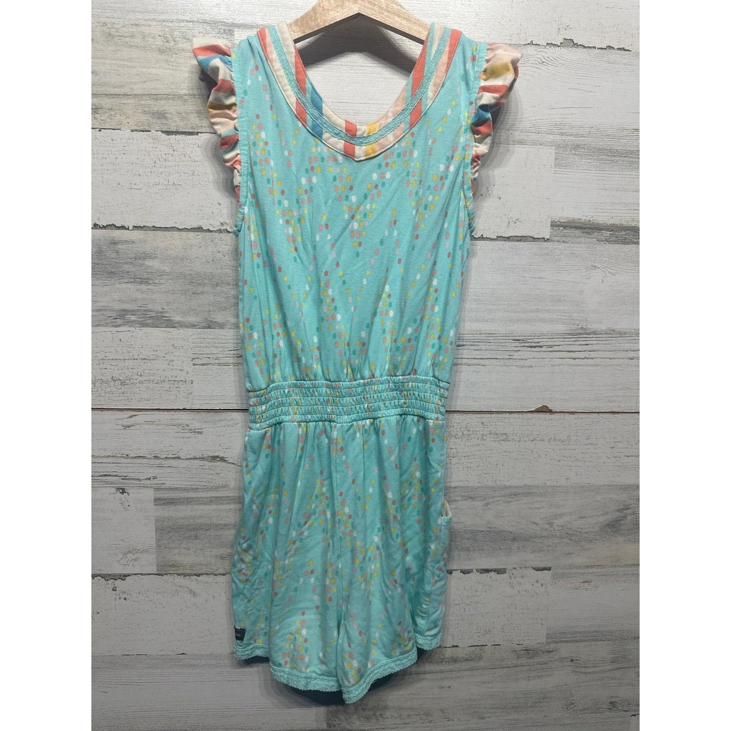 Matilda Jane Romper Girls 10 Teal Multicolor Dot Flutter Sleeve2