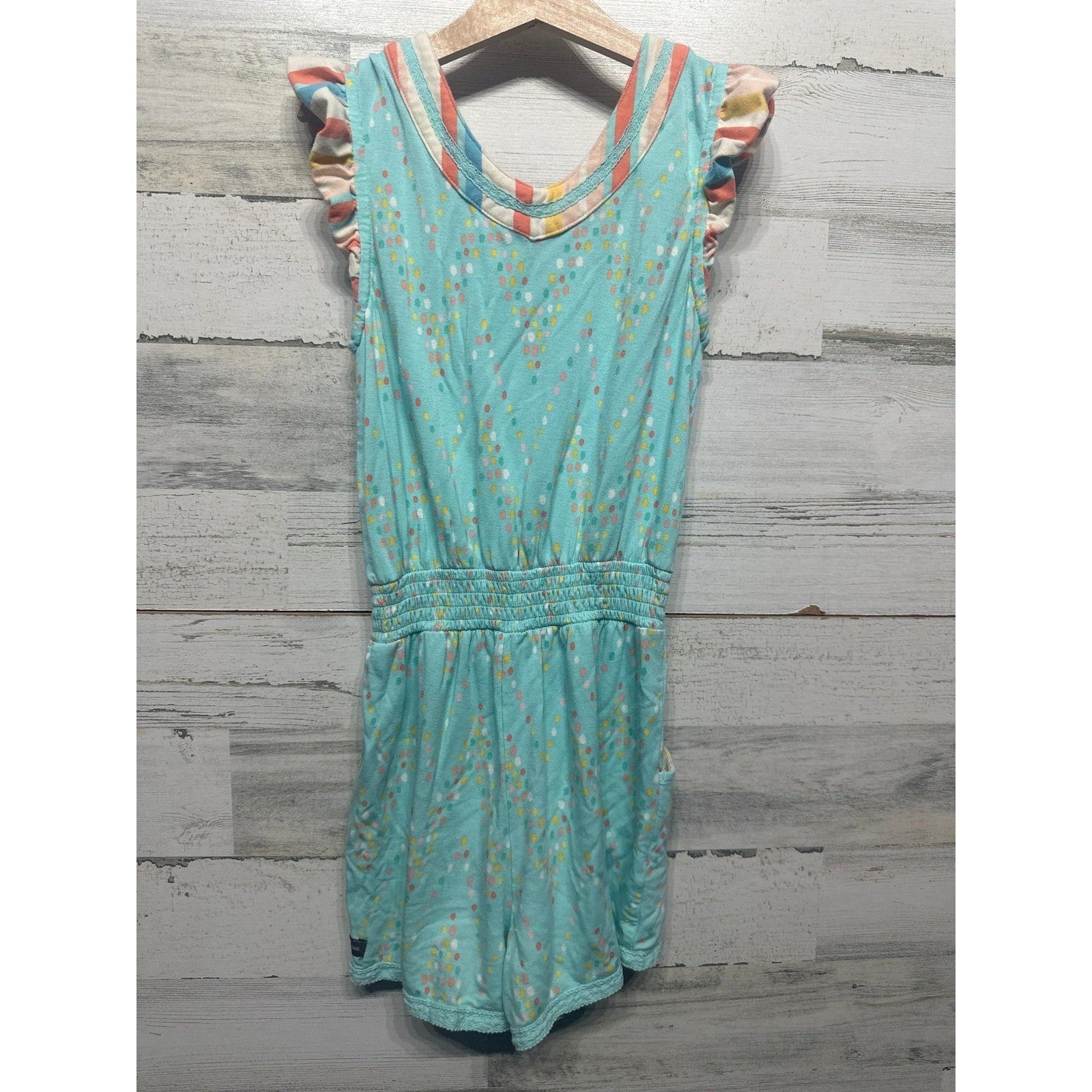 Matilda Jane Romper Girls 10 Teal Multicolor Dot Flutter Sleeve2