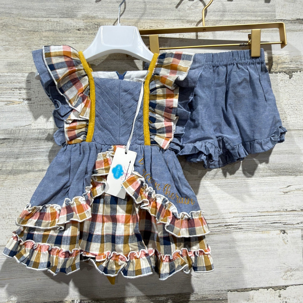 Evie's Closet Dance In The Rain Dress Set Girls 18M Blue Plaid Cotton NWT0