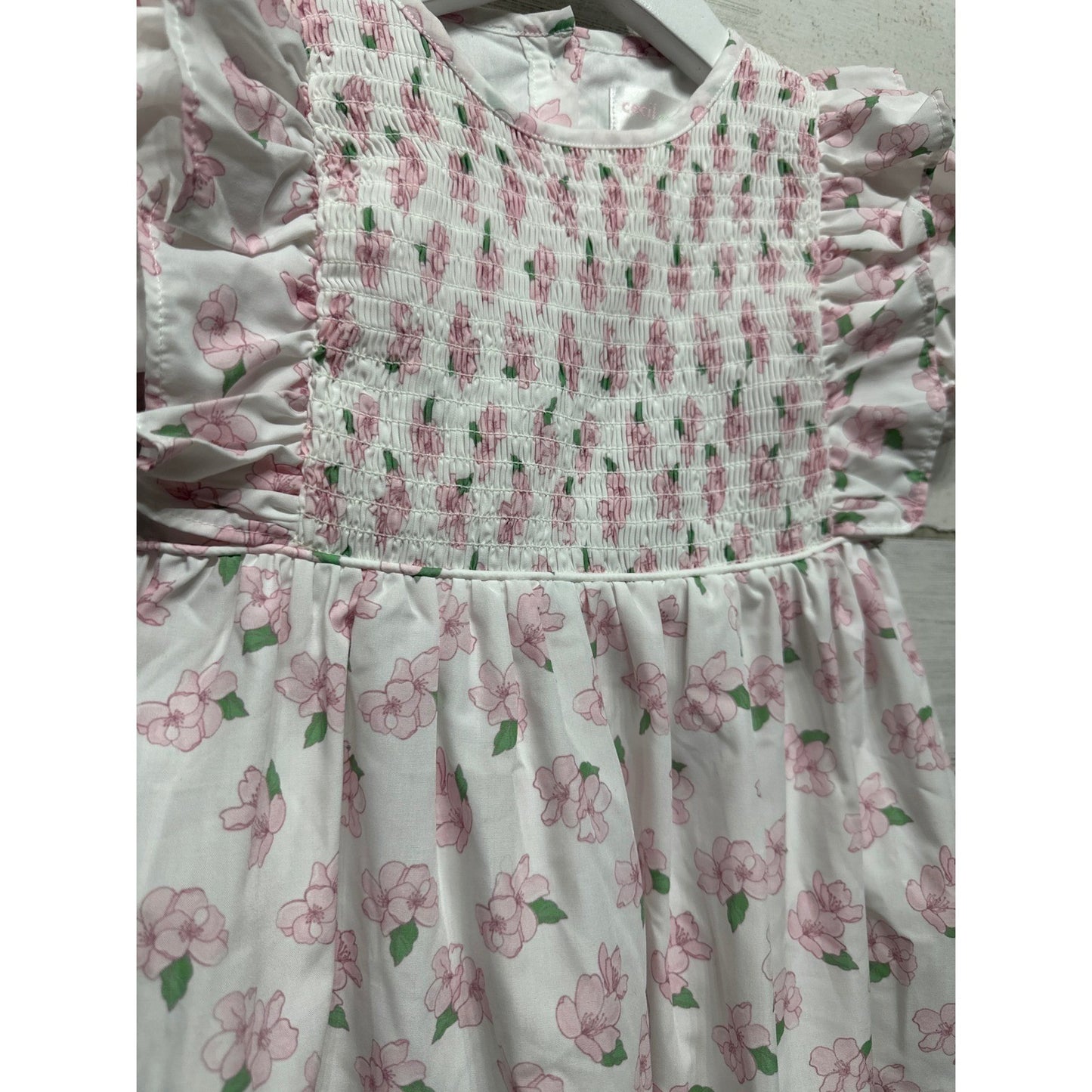 Cecil and Lou Smocked Dress Girls 4T White Pink Floral Ruffle EUC2