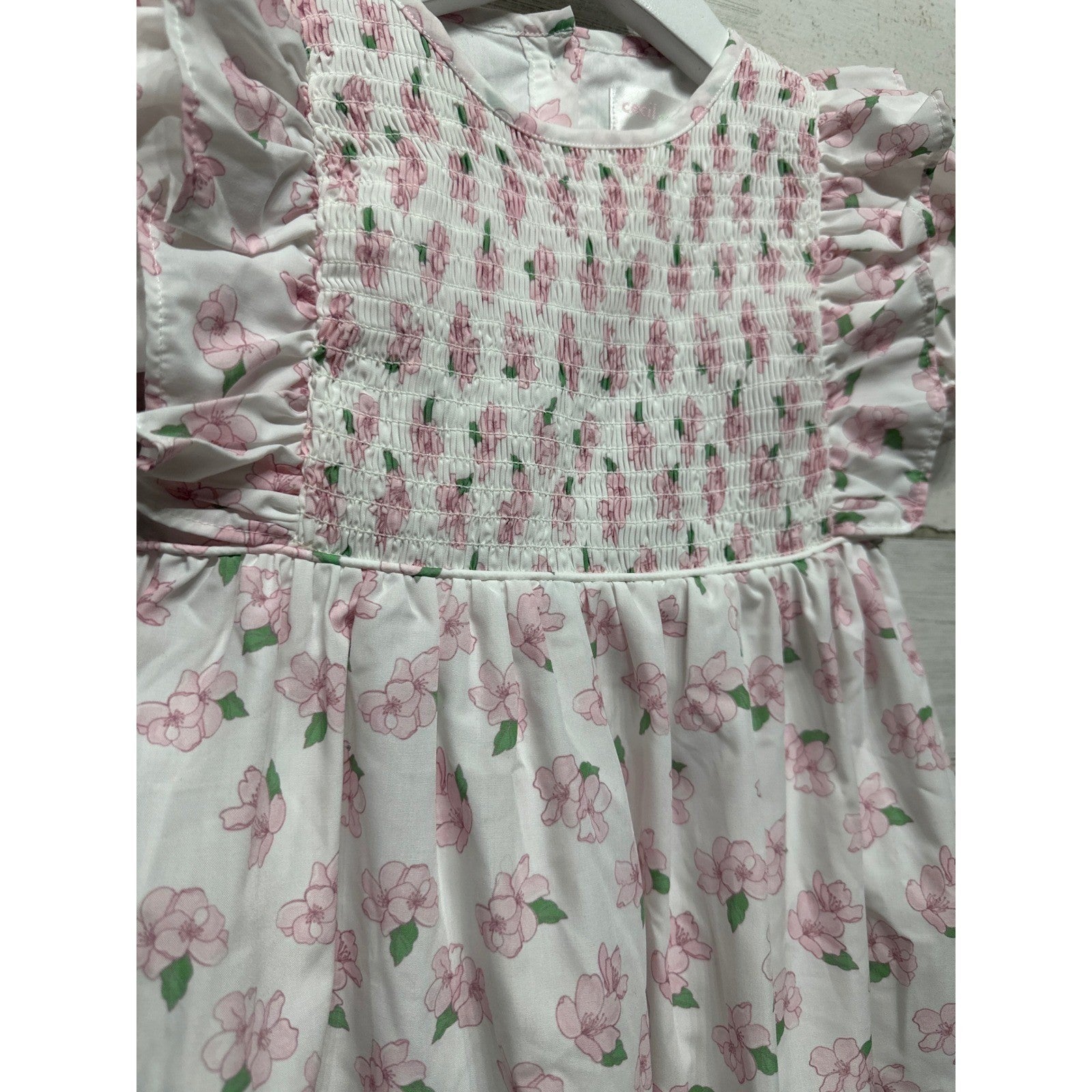 Cecil and Lou Smocked Dress Girls 4T White Pink Floral Ruffle EUC2