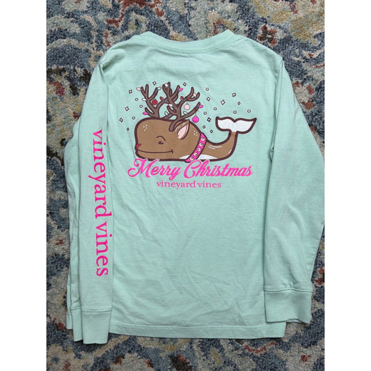 Vineyard Vines Christmas Whale Shirt Girls Size 5 Green Reindeer Graphic EUC0