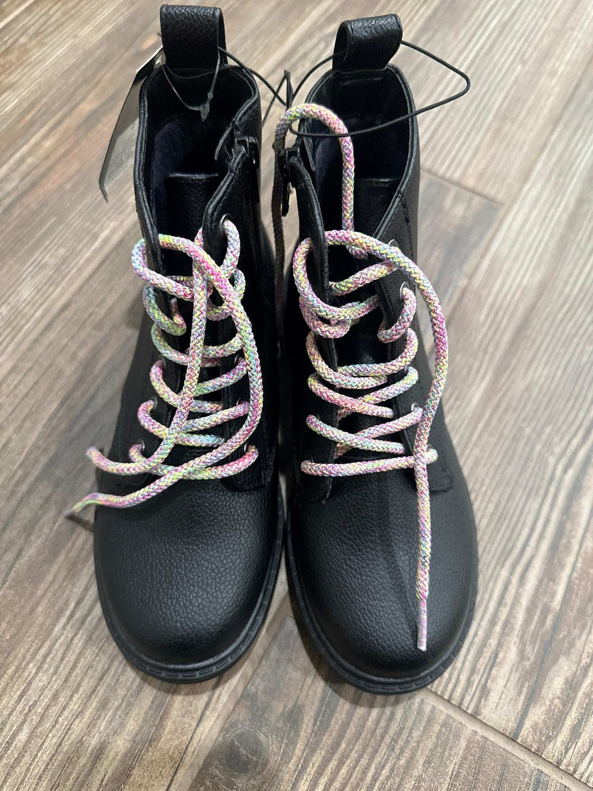 Art Class Combat Boots Kids Size 2 Black Rainbow Laces Side Zip NWT1