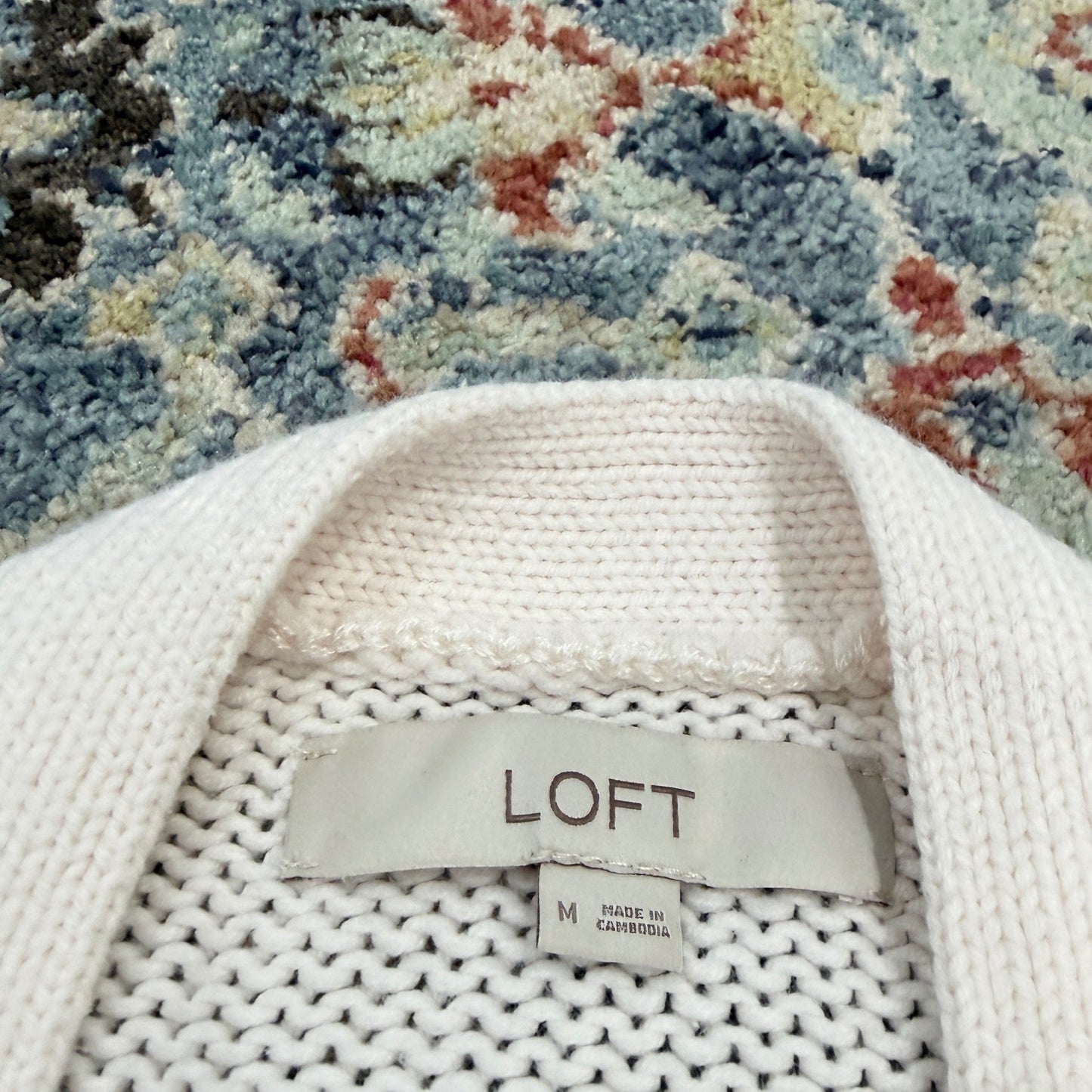 LOFT Cardigan Sweater Women M Cream Ribbed Knit Button Front Coastal EUC1