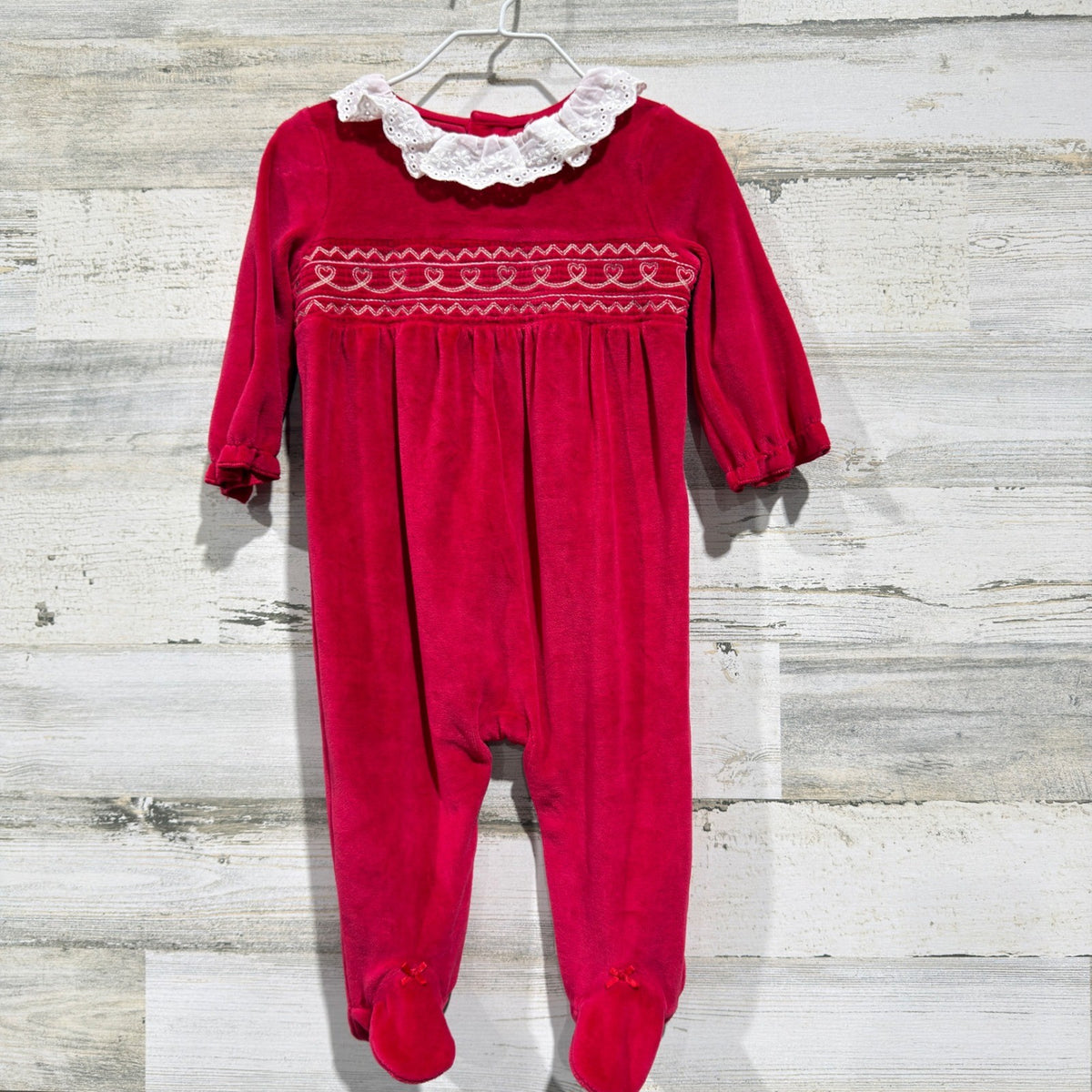 Next Footed Sleepsuit Baby Girls 6-9M Red Smocked Heart Velour Holiday NWT3