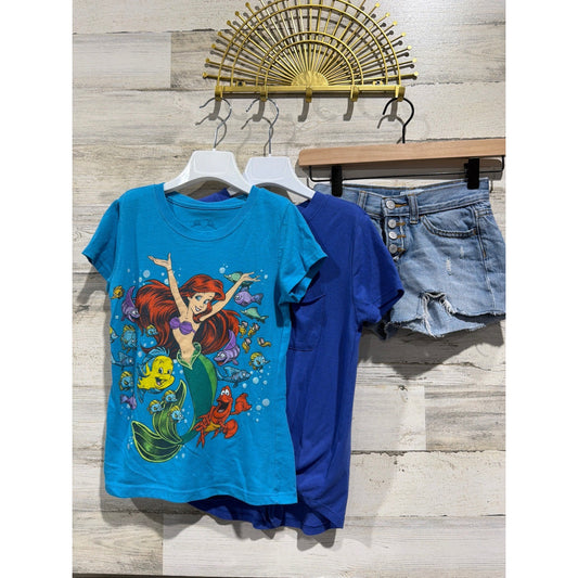 Disney GB Old Navy Shirt Shorts Set Girls Medium Blue Distressed Summer Core0