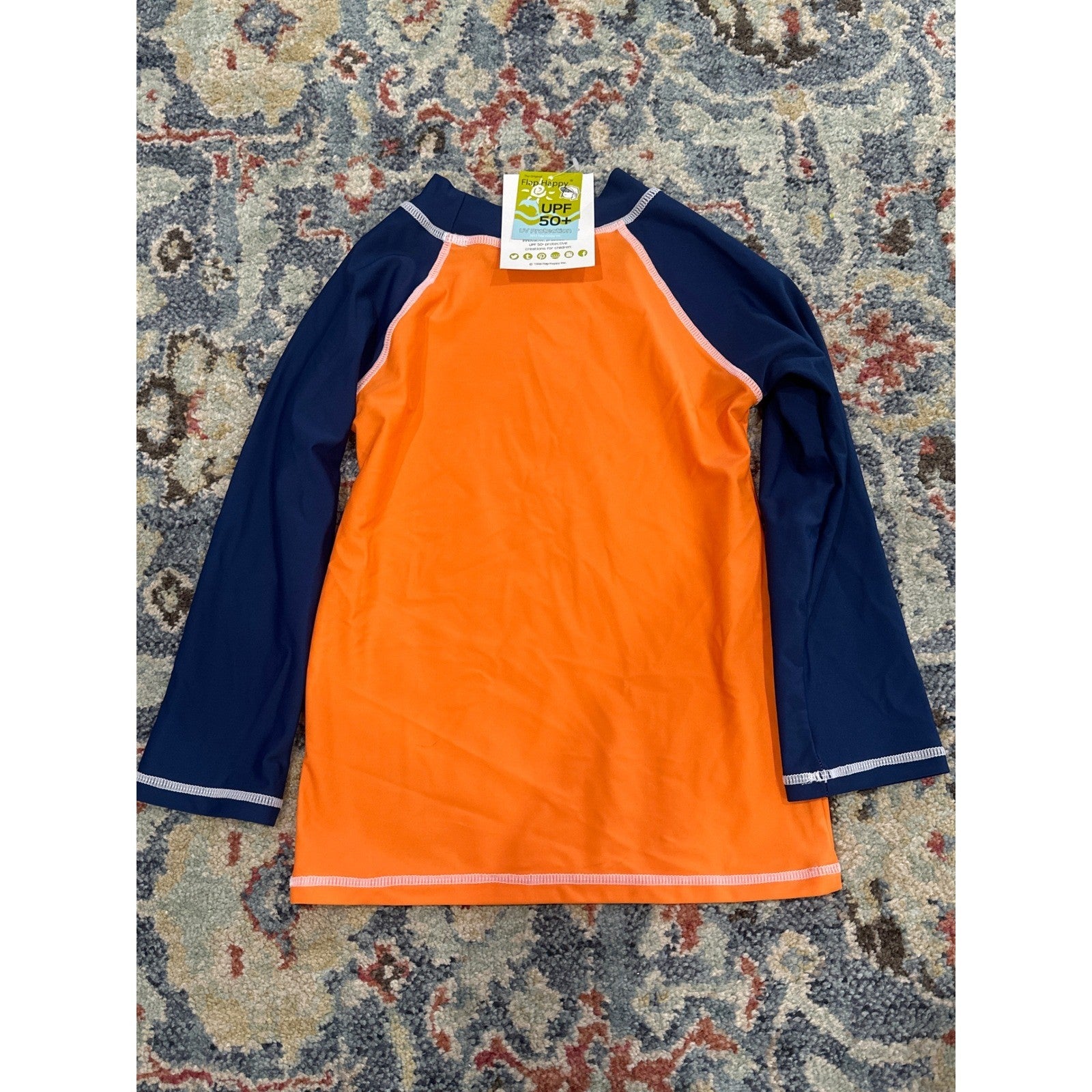 Flap Happy Rash Guard Boys 6X/7 Orange Navy Solid Bright UPF 50+ NWT2