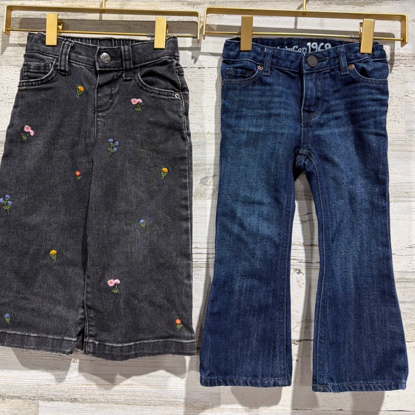 Baby Gap Cat and Jack Jeans Girls 2T Blue Black Floral Flare Wide Leg EUC0