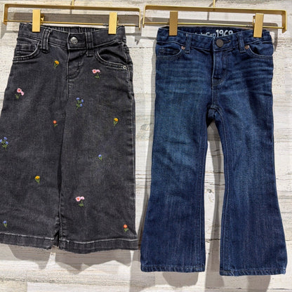 Baby Gap Cat and Jack Jeans Girls 2T Blue Black Floral Flare Wide Leg EUC0