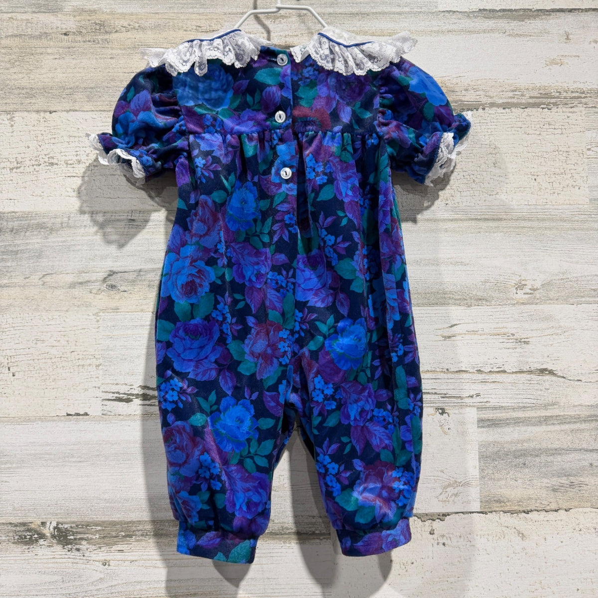 Vintage Style Floral Romper Girls 3/6M Blue Velvet Lace 90s Made in USA2