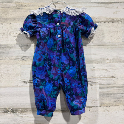 Vintage Style Floral Romper Girls 3/6M Blue Velvet Lace 90s Made in USA2