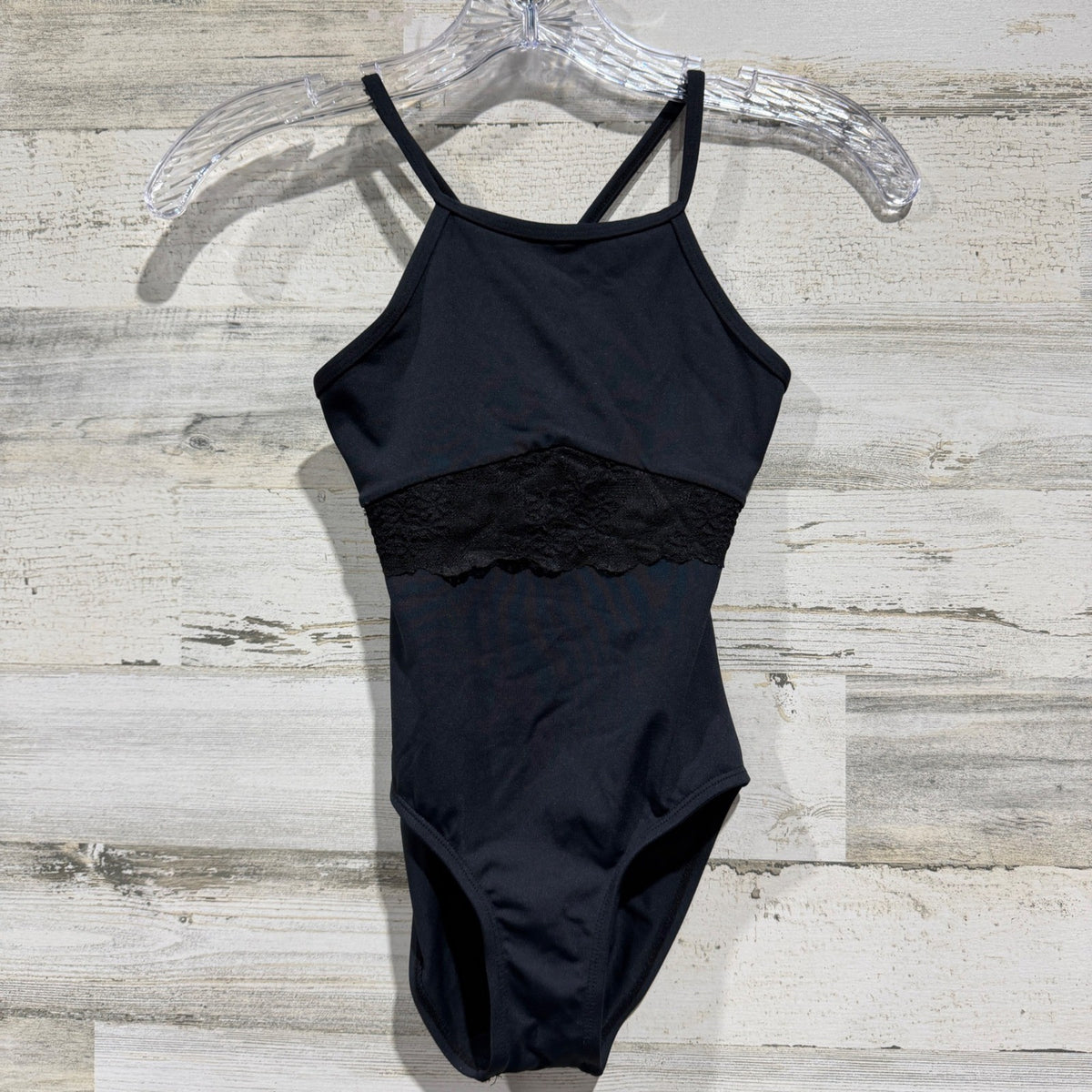 Strut Stuff Lace Waist Leotard Girls 10 Black Nylon Spandex Contemporary EUC0