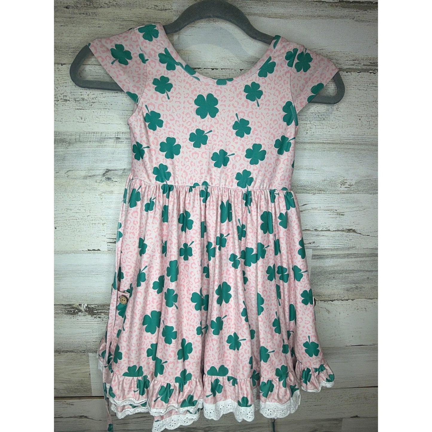 Cheeky Plum Dress Girls 6 Pink Leopard Shamrock Lace Trim Boutique0
