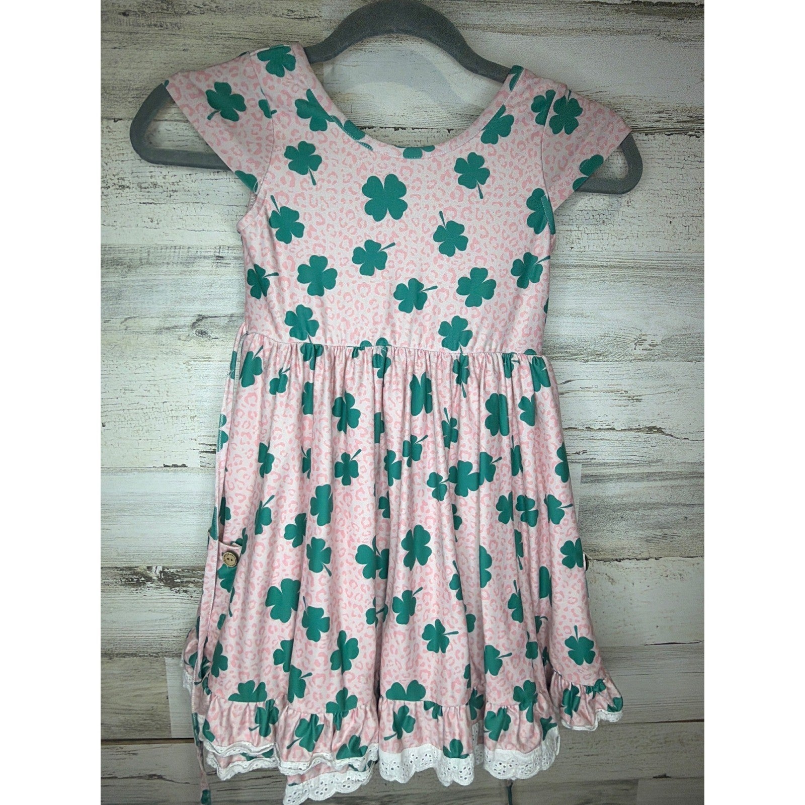 Cheeky Plum Dress Girls 6 Pink Leopard Shamrock Lace Trim Boutique0