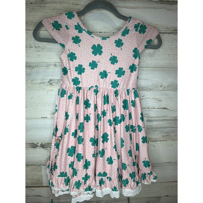 Cheeky Plum Dress Girls 6 Pink Leopard Shamrock Lace Trim Boutique0