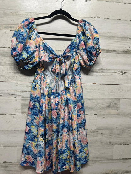 Floral Puff Sleeve Mini Dress Women Small Blue Pink Tie Back Cutout2