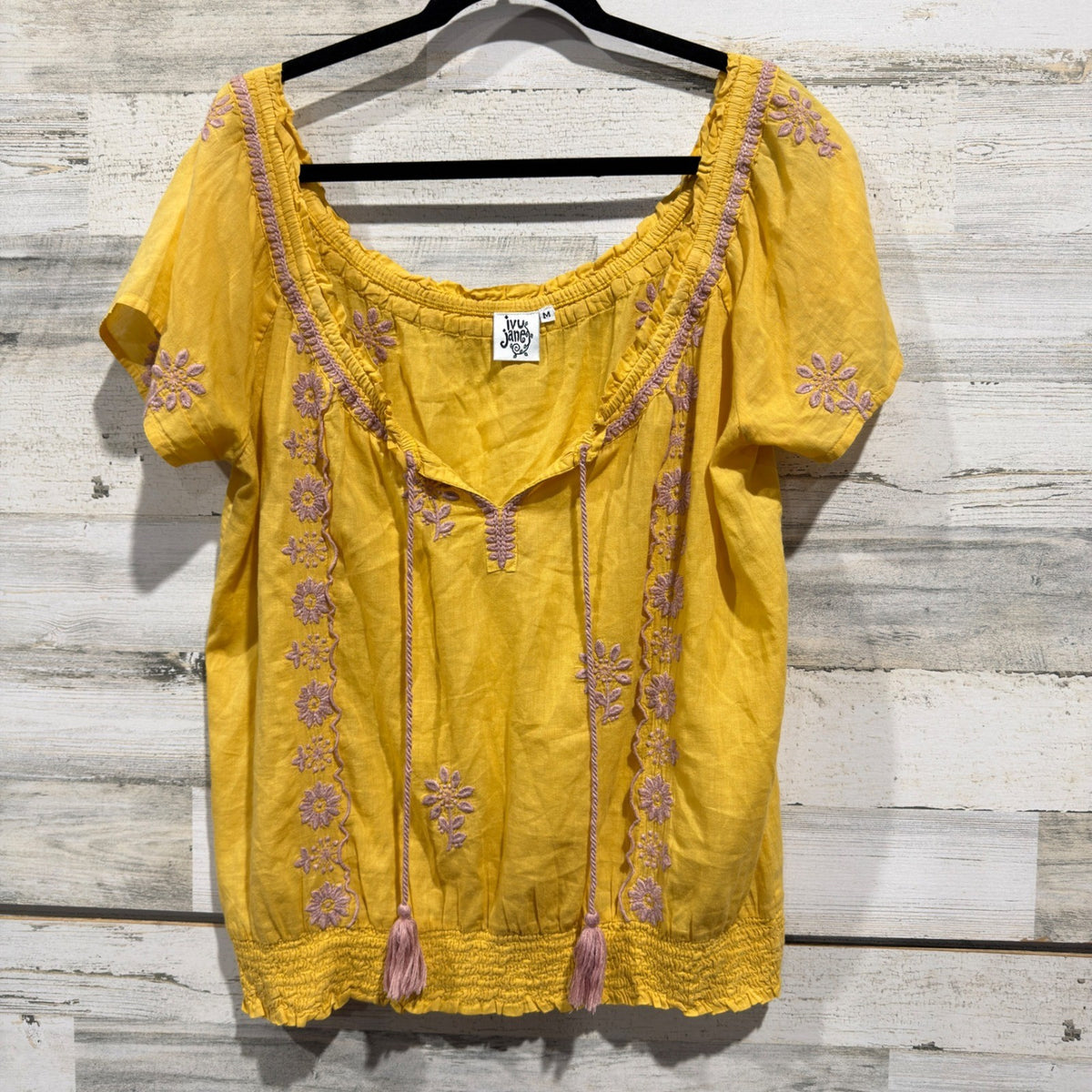 Ivy Jane Embroidered Peasant Top Women Size M Yellow 100% Cotton Boho Style0