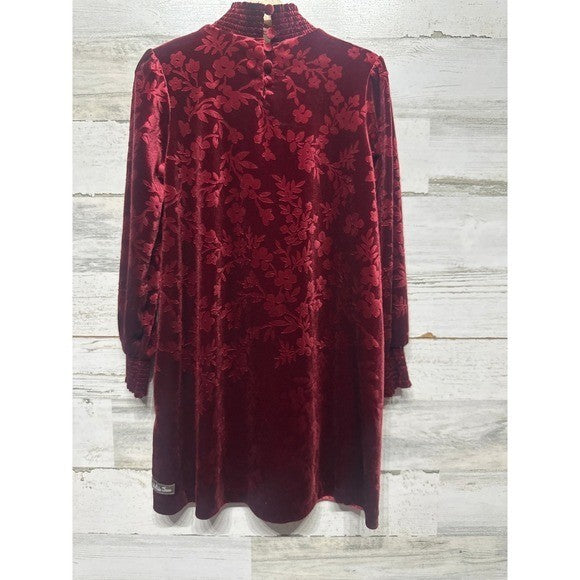 Matilda Jane Floral Velvet Dress Girls 6 Burgundy Smocked Mock Neck EUC2