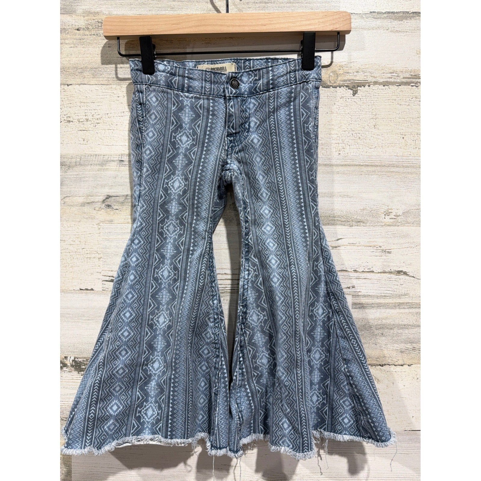 Rock & Roll Denim Bell Bottom Jeans Girls 4 Blue Aztec Western Boho EUC0