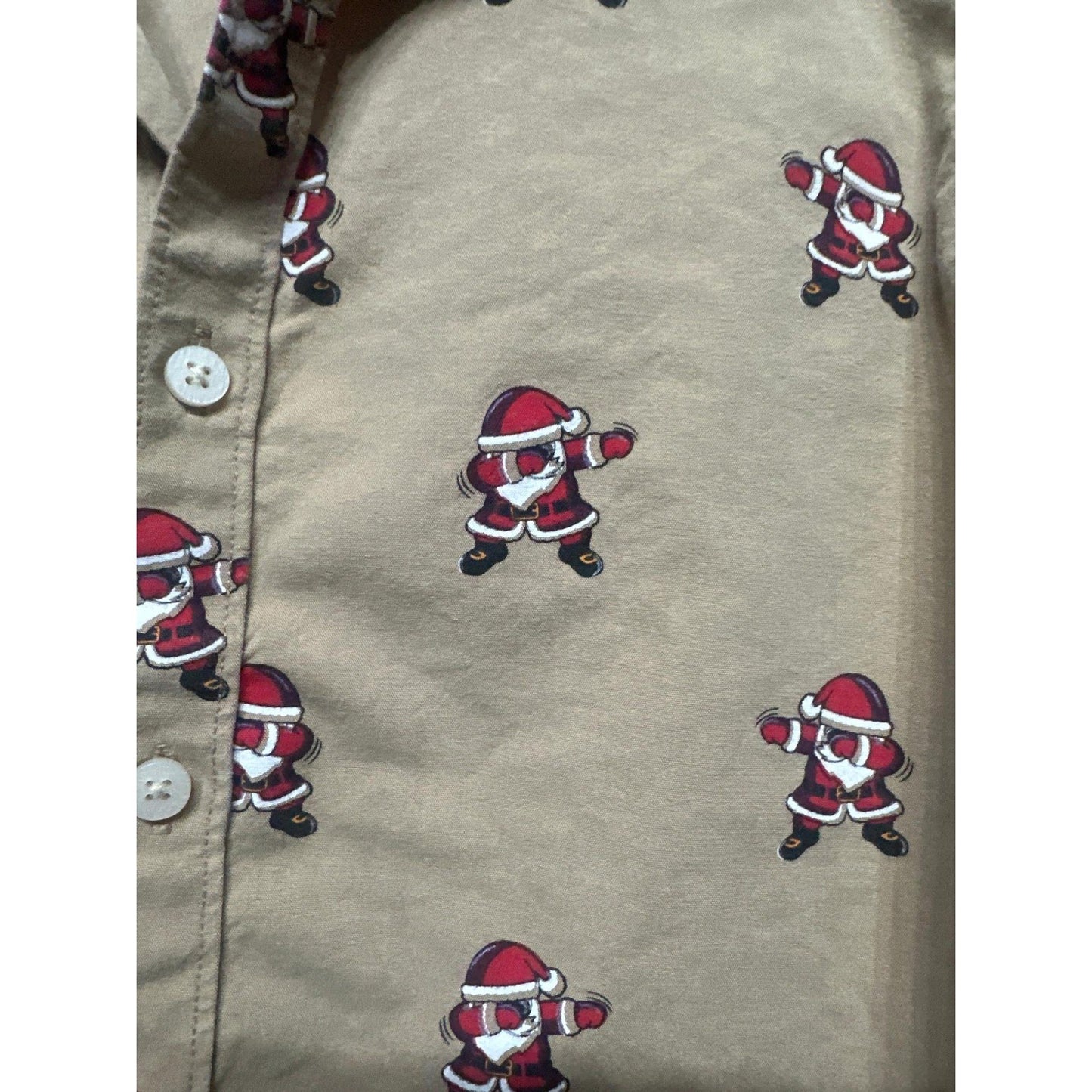 Denim & Flower Button Down Boys 7 Tan Dabbing Santa Christmas Shirt EUC2