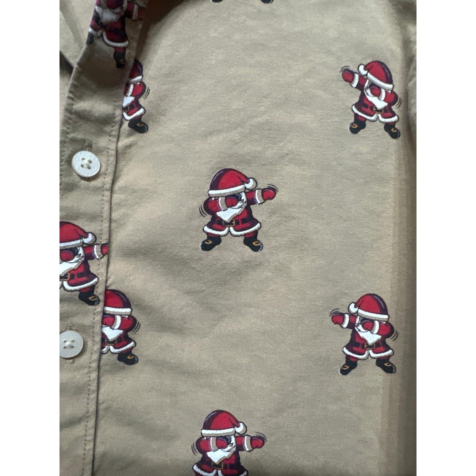 Denim & Flower Button Down Boys 7 Tan Dabbing Santa Christmas Shirt EUC2