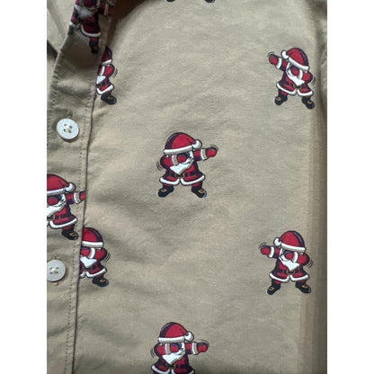 Denim & Flower Button Down Boys 7 Tan Dabbing Santa Christmas Shirt EUC2